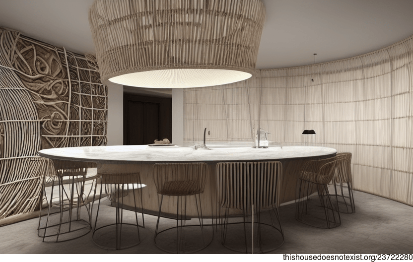Eco-friendly, sustainable, and maximalist kitchen interior with an exposed curved wood ceiling, round bamboo island, and polished white marble countertops