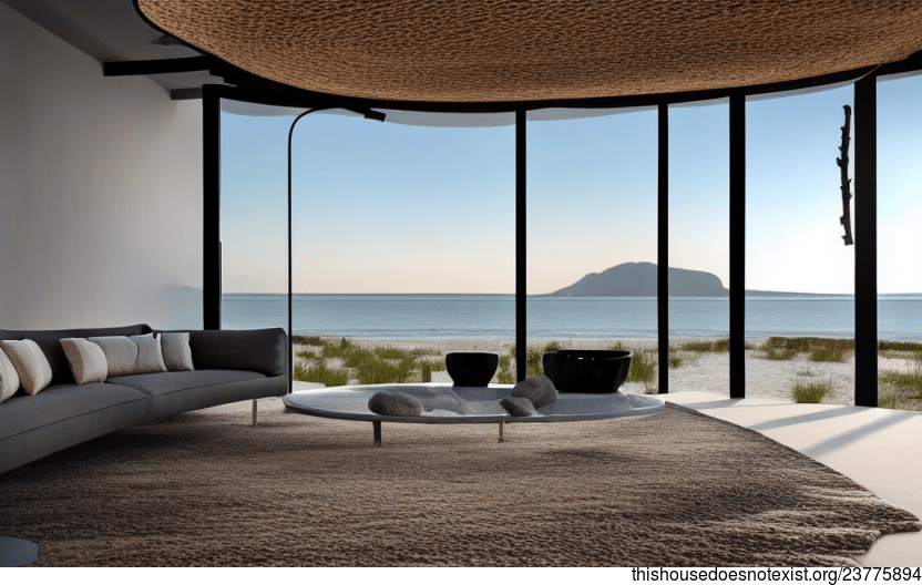Interior design of a modern living room with a view of the beach sunset in Milan, Italy