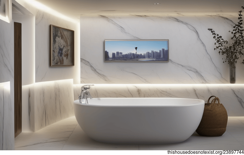 Traditional bathroom interior with a view of the Beijing, China skyline