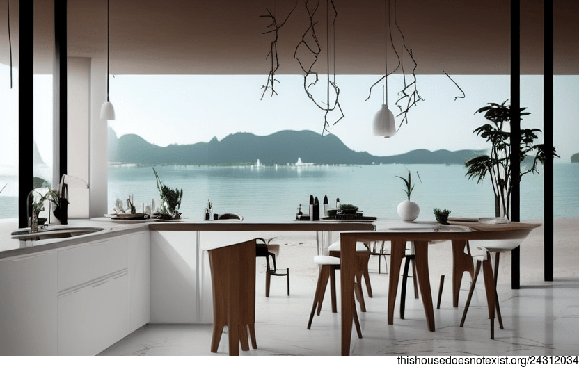 Eco-friendly kitchen interior with a view of the beach at sunrise in Singapore