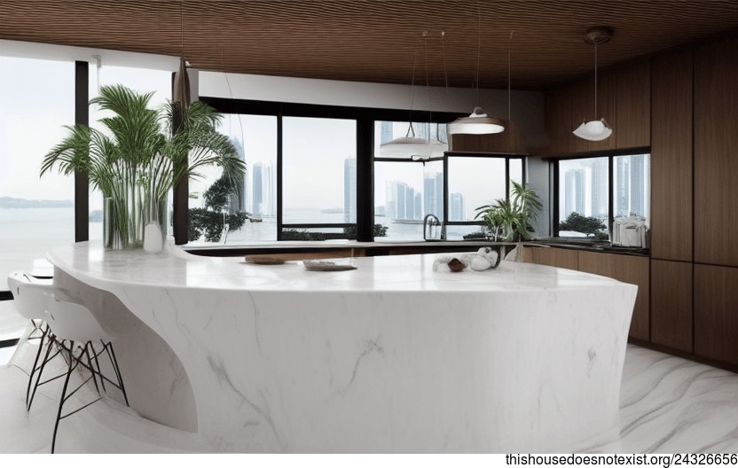 an eco-friendly, modern kitchen design with a view of the Singapore beach at sunrise
