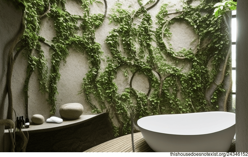 a beautiful bathroom with an exposed curved stone wall, rectangular bejuca tiles, and meandering vines