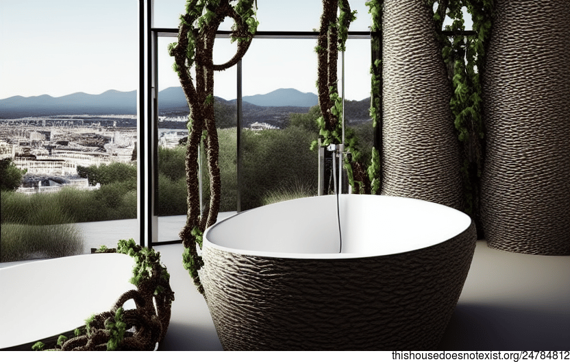 Tribal Bathroom Interior With Exposed Curved Bejuca Vines and Black Stone Triangular Meandering Vines With Plant Vase and View of Madrid, Spain in the Background