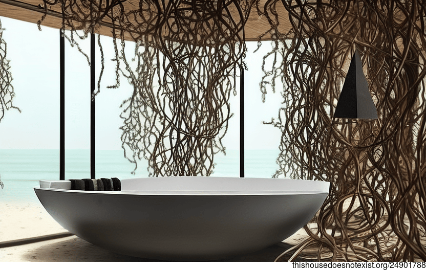 A Maximalist Bathroom Interior With an Infinity Pool and a View