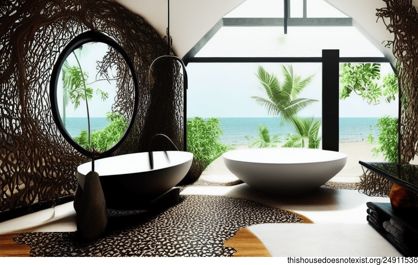 A Sustainable, Eco-Friendly, Maximalist Bathroom Interior with an Infinity Pool and a View
