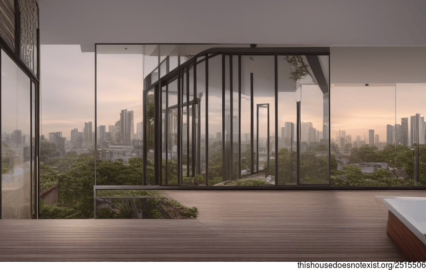 A modern architecture home with an exposed wood and glass exterior, designed to take in the downtown Jakarta sunrise