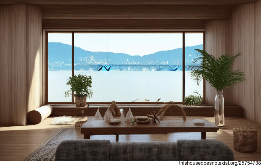 Bamboo, Stone, and Wood Living Room Interior with Beach View in Zurich, Switzerland