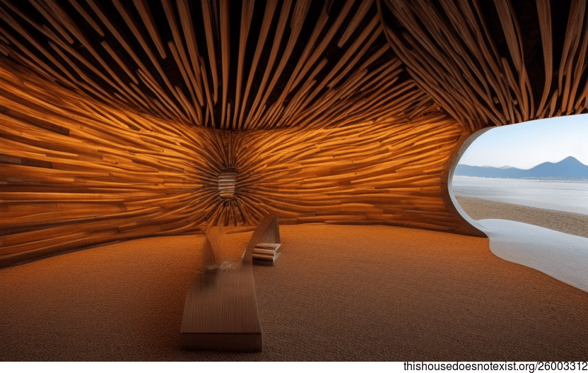 The Beach at Night by Curved Exposed Wood, Stone, and Vines