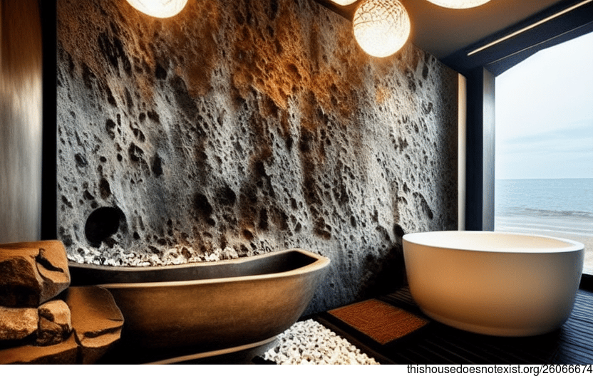 The Beach Night Chicago United States Bathroom Interior Design with Exposed Round Rocks, Polished Bejuca Wood, Round Black Stone, and Steaming Hot Spring inside with View of Chicago, United States in the Background