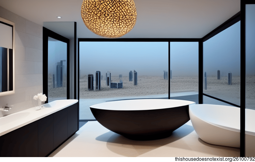 Modern architecture home interior design with a view of the beach sunrise from Riyadh, Saudi Arabia