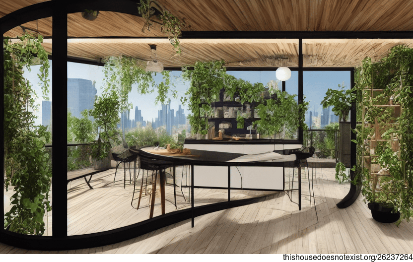 Interior Design with Exposed Rectangular Bamboo, Curved Glass Circular Bejuca Meandering Vines, and Hanging Plants with View of New York City in the Background