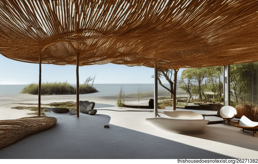 Eco-friendly living room interior with exposed curved bamboo, curving wood beams, and a circular jacuzzi outside with a view of Buenos Aires, Argentina in the background