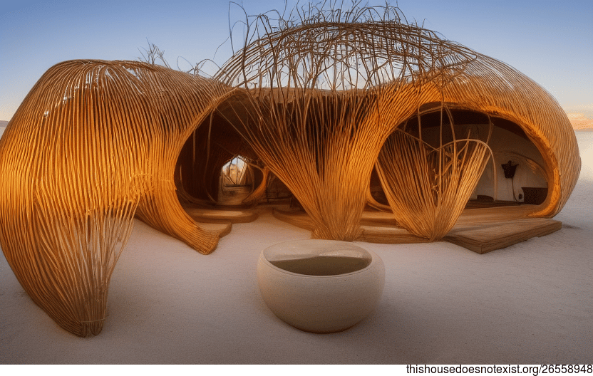 A Modern, Tribal Interior With Exposed Bamboo, Circular Bejuca, Meandering Vines, And A Steaming Hot Spring With A View Of Madrid, Spain In The Background