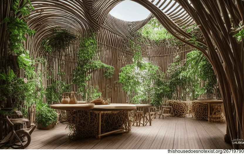 The anthropomorphous, tribal kitchen with its exposed, curved timber and curved bamboo vines, with hanging plants and steaming hot spring outside, has a view of Amsterdam, Netherlands in the background