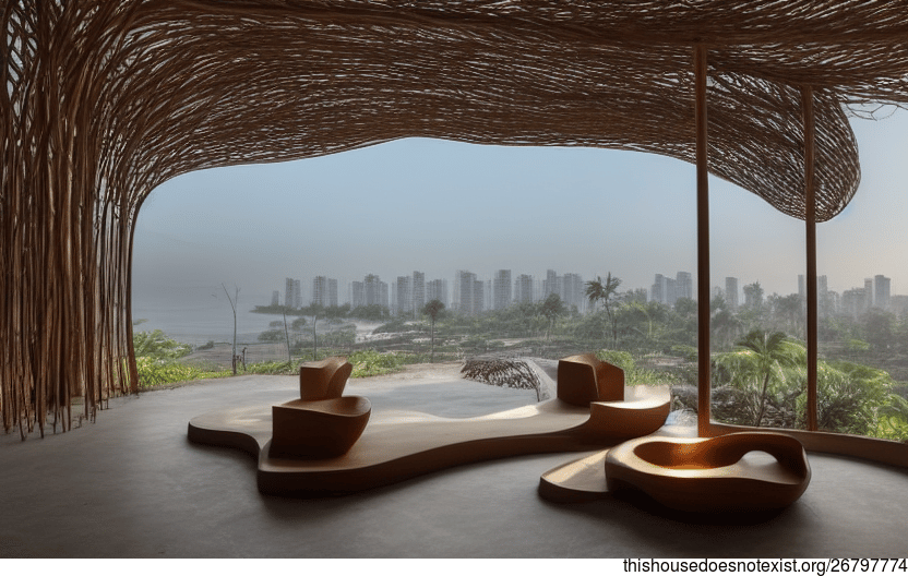 Mumbai's Modern Beach House Living Room with Exposed Bejuca Vines and a View of the City