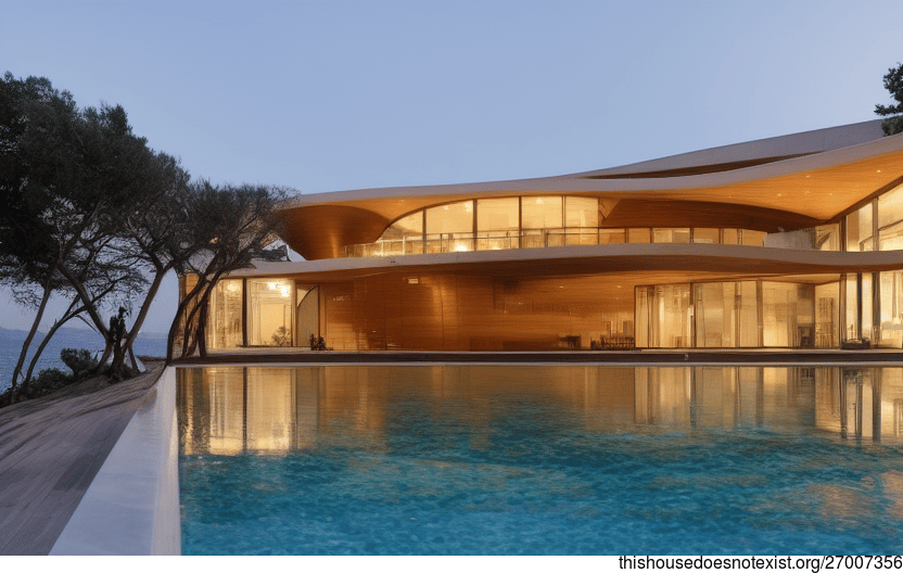 A Modern Istanbul Beach House with an Exposed Curved Timber and Rectangular Stone Exterior, an Infinity Pool, and a View of the Istanbul skyline