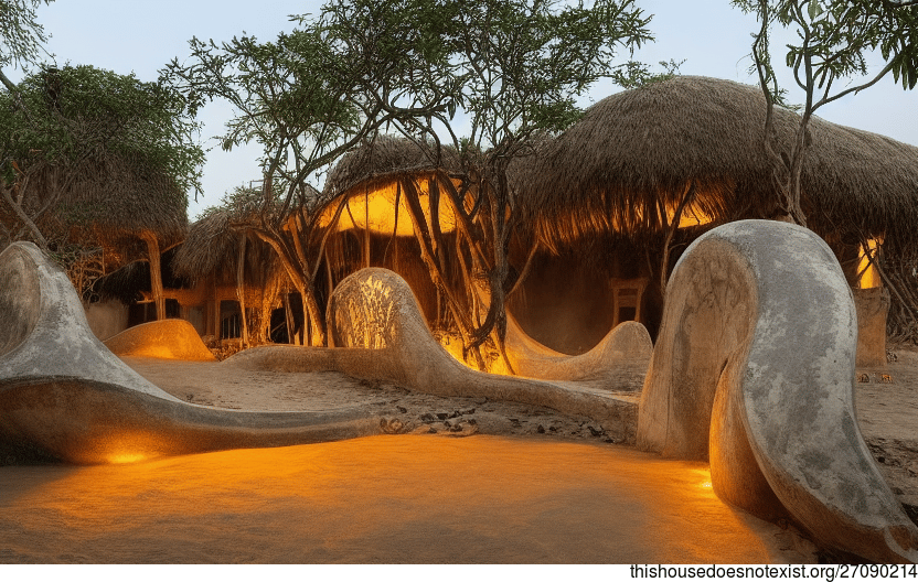 Mumbai's Tribal House Exterior with a Circular Bejuca and Exposed Vines at Sunset