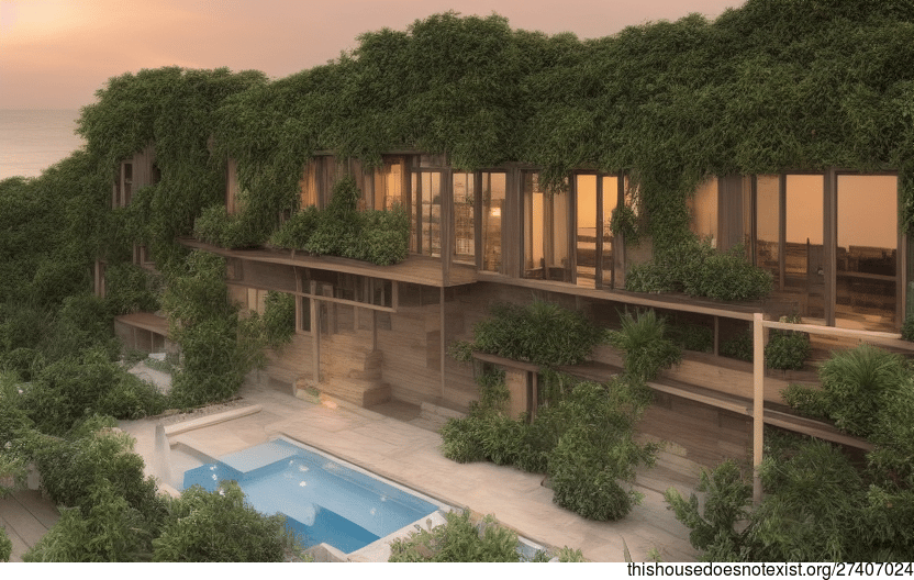 Eco-Friendly Bamboo House With Exposed Rectangular Bejuca Vines and Infinity Pool With Sunset View of Chicago, United States in the Background