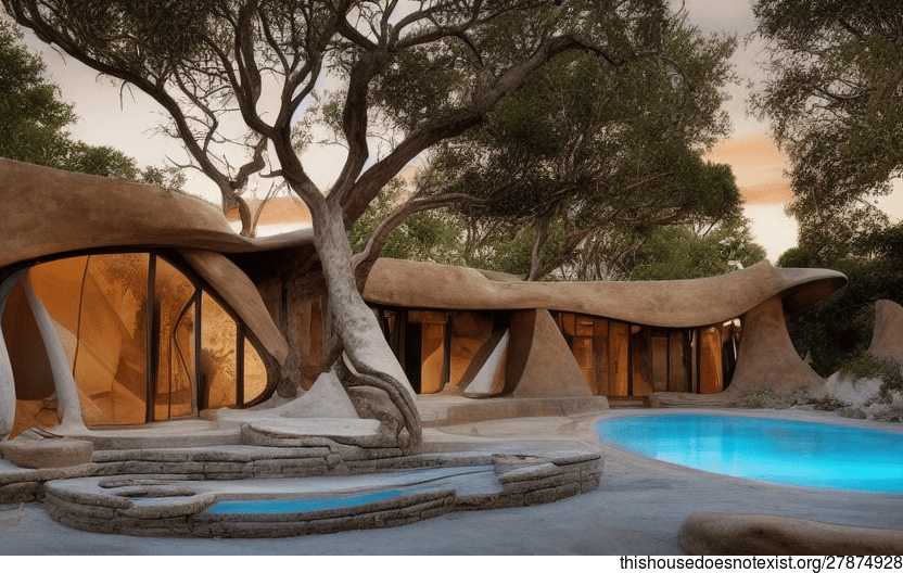 A Modern Architecture Home With Exposed Bamboo, Curved Stone, and