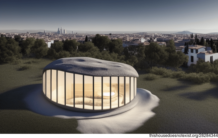 a modern house made of mycelium, wood, and volcanic rock, with an incredible view of Madrid in the background