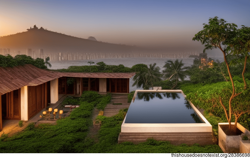 A traditional organic house exterior with a view of the Mumbai, India skyline at sunrise