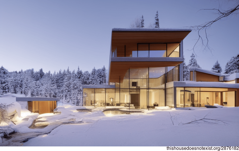 A Sunset at the Snowy Exterior of a Glass and Stone House with an Infinity Pool