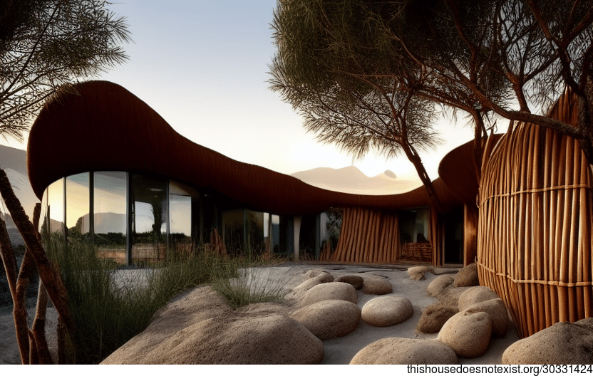 A Modern Architecture Home with an Exposed Curved Bamboo, Volcanic Rock, and Glass Exterior