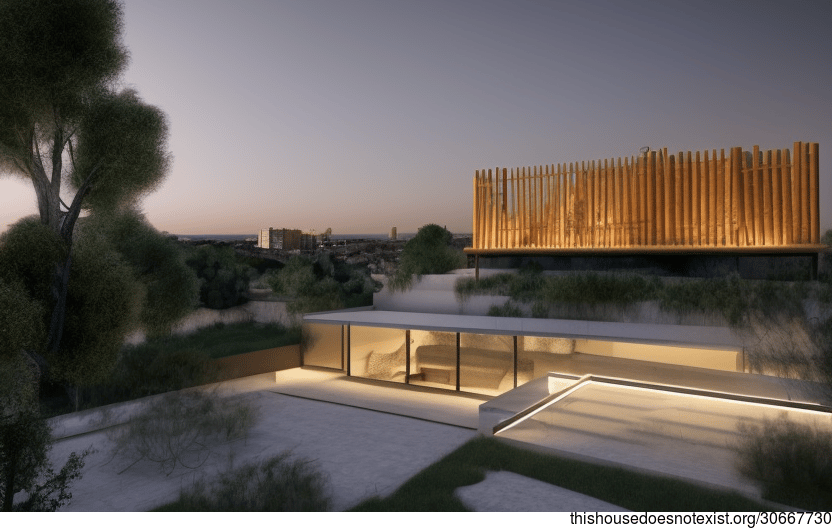 A Modern Beach House in Madrid with an Exposed Rectangular Bamboo Facade and a Steaming Hot Jacuzzi Outside