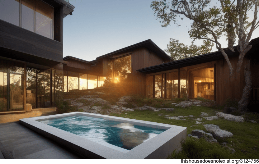 A modern architecture home with beautiful sunset views, an exterior glass wall, and a steaming hot jacuzzi