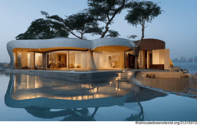 Exterior with Bamboo, Glass, and Fireplace, and Infinity Pool with Sunset View