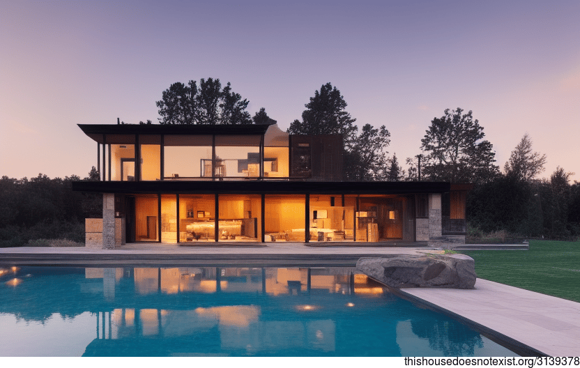A modern home with an exterior of exposed wood, glass, and stone, designed for enjoying sunset views from the pool