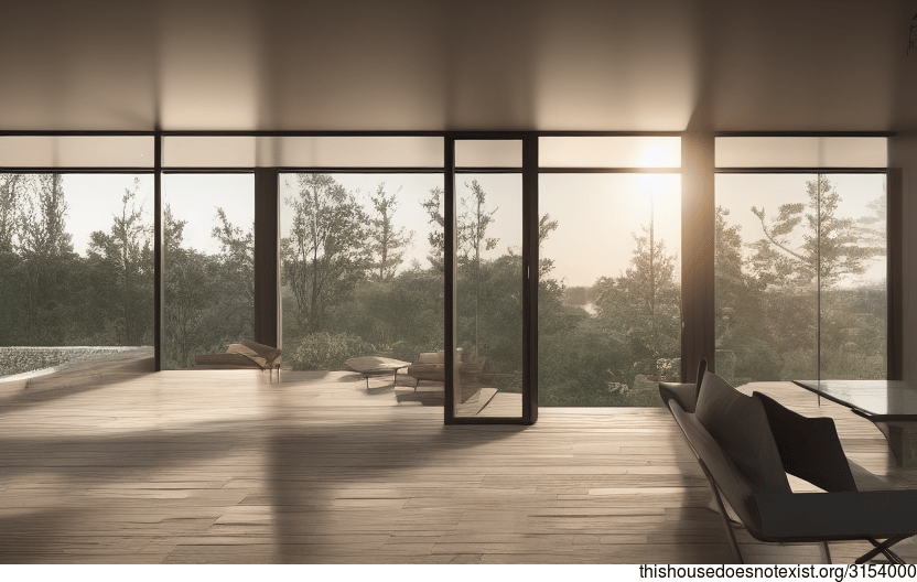 A modern architecture home with beautiful views of the sunset, exposed wood, glass, and stone