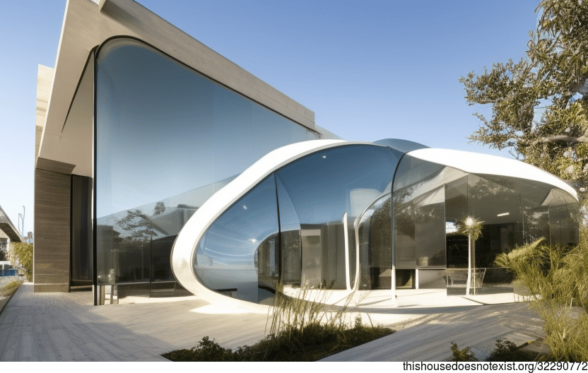 A Modern Beach House in Buenos Aires with an Exposed Curved Glass Facade and a Mirror reflecting the beautiful Buenos Aires sunset