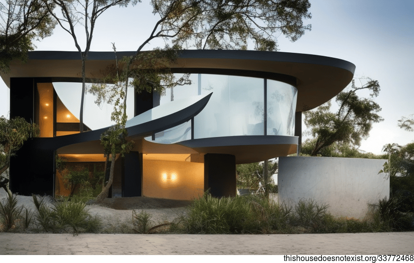 A Modern Beach House in Buenos Aires, Argentina with an Exposed Curved Timber Frame, Black Stone Walls, and a Steaming Hot Spring Inside with a View of Buenos Aires in the Background