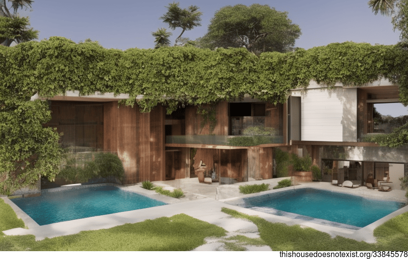 The Beach House Exterior With Exposed Bejuca Wood, Meandering Vines, And An Infinity Pool With A View Of Mumbai, India In The Background