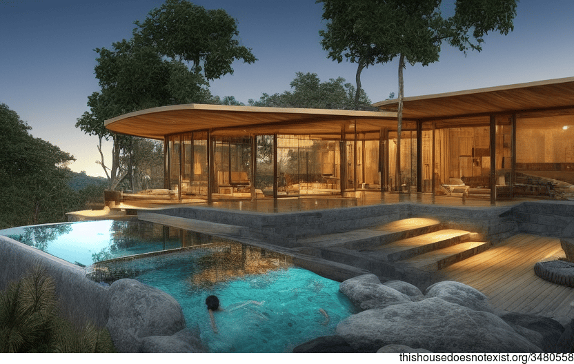 A modern architecture home designed to take in the best of sunset views, with exposed timber, glass and rocks and a steaming hot outside jacuzzi