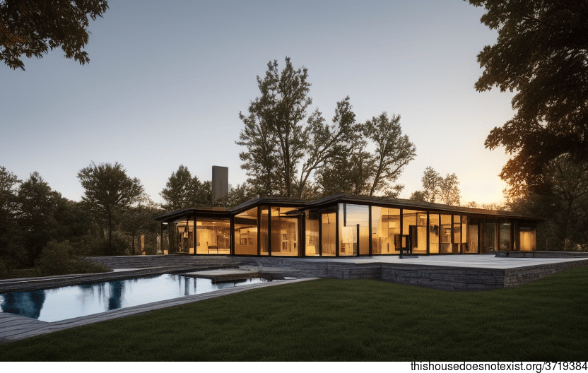 A modern architecture home with stunning sunset views, exposed wood beams, glass walls, and stone accents