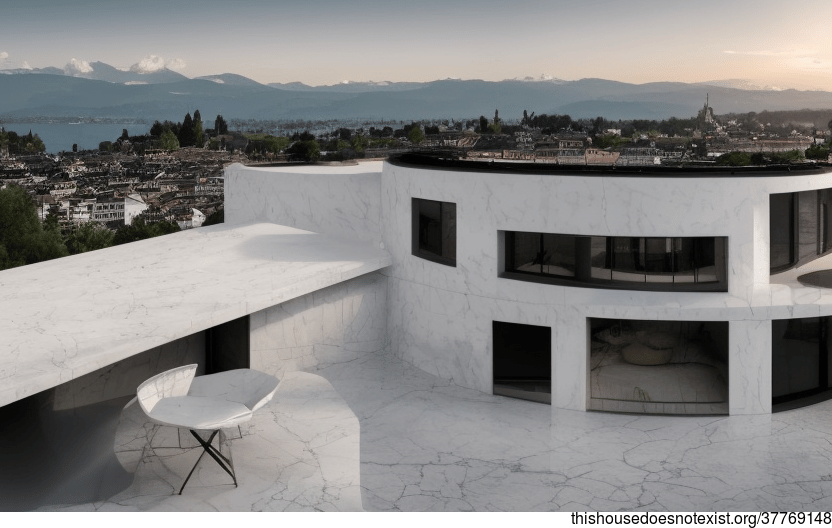 A Modern Home with an Exposed Circular White Marble Facade and a View of the Zurich Skyline in the Background