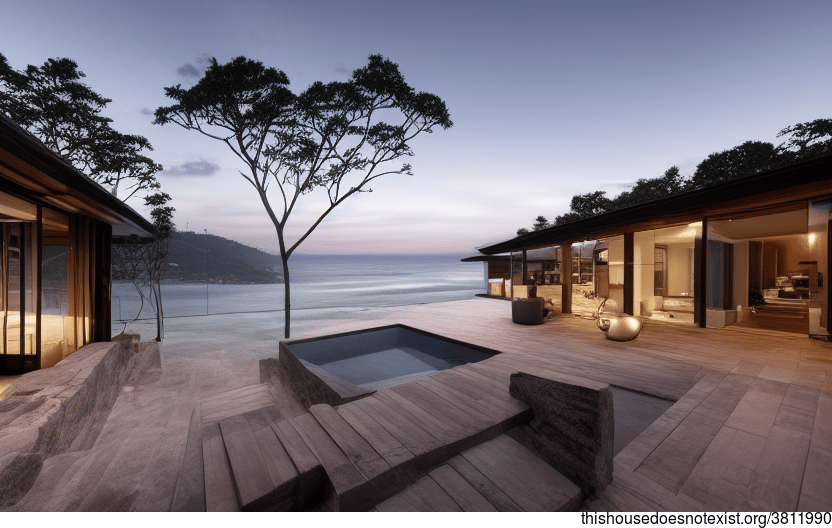 A modern architecture home with stunning sunset views, an exposed timber exterior, and a steaming hot outside jacuzzi