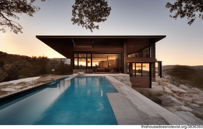 A modern architecture home with stunning sunset views, exposed wood, glass, and stone exterior, and with a pool