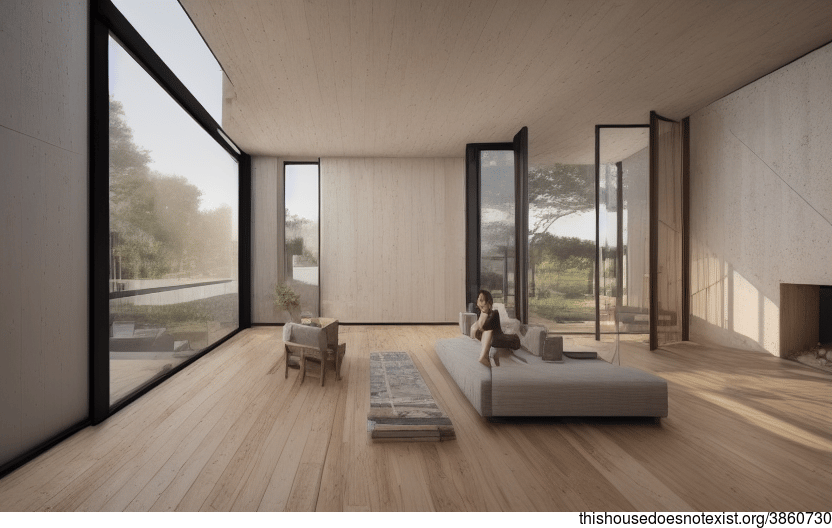 A modern home with an exposed wood, glass, and stone interior, designed