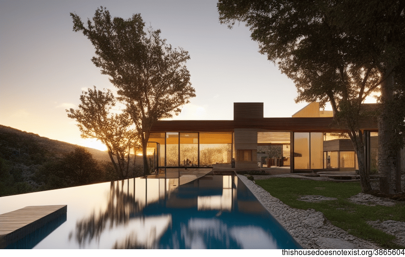 A modern architecture home with an infinity pool, designed with exposed wood, glass, and stone for a stunning sunset view