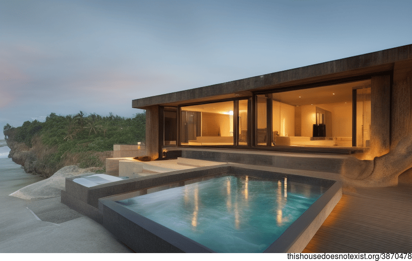 A modern architecture home with a sunset view, exposed timber, and a steaming hot jacuzzi
