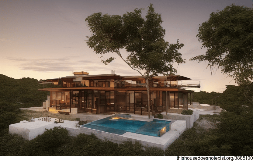 A Modern Sunset Home with Exposed Timber, Glass, and Rocks, with Steaming Hot Jacuzzi Outside
