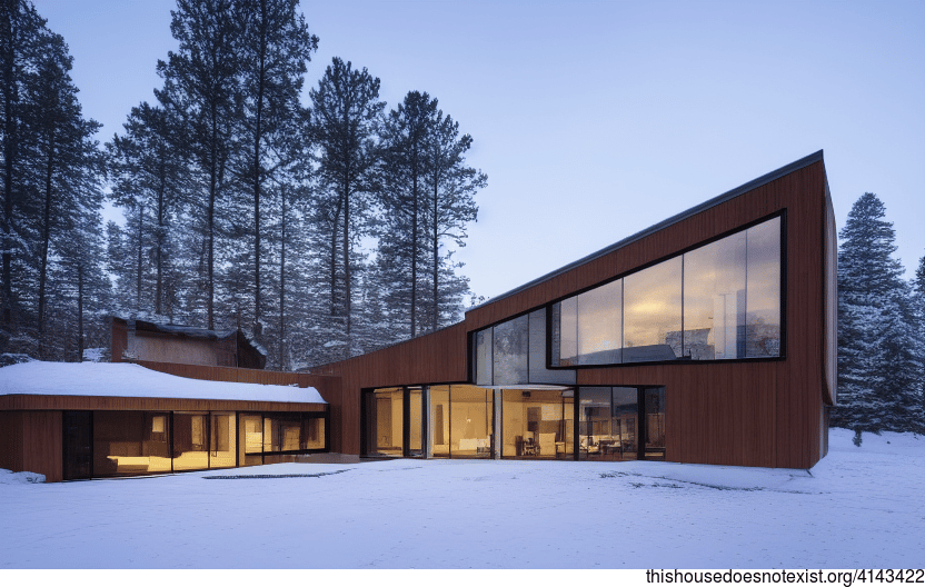 Sunset over the snow-covered infinity pool at this modern architecture house designed with exposed wood, glass, and stone