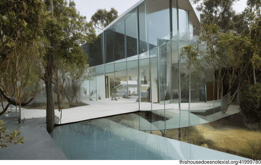 A Modern Home With Curved Glass And A Hot Spring Outside
