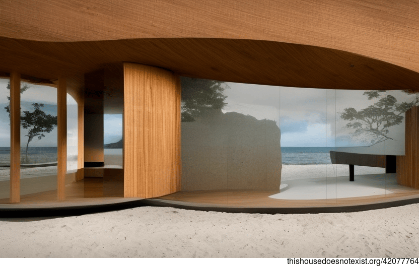 A Modern Beach House in Manila with Exposed Curved Bejuca Wood and Stone, Mirror, and Infinity Pool outside with view of Manila in the background