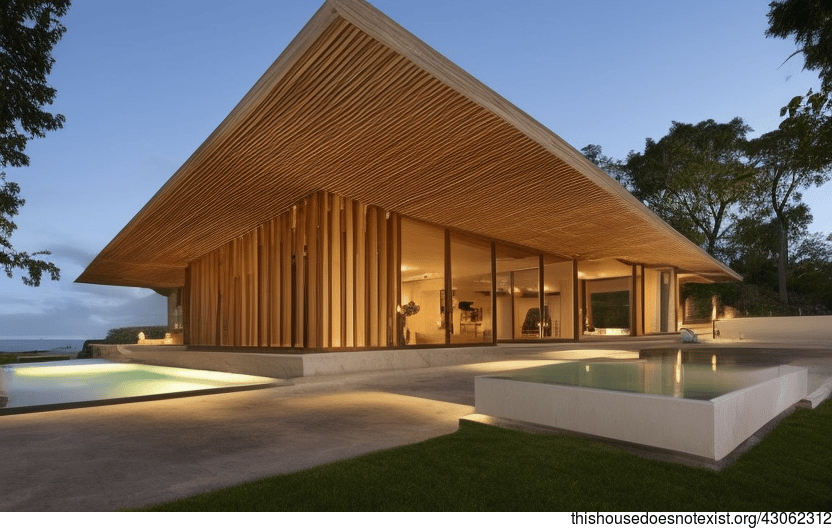 A modern architecture home designed for the beach with exposed rectangular bamboo, bejuca meandering vines, and black stone