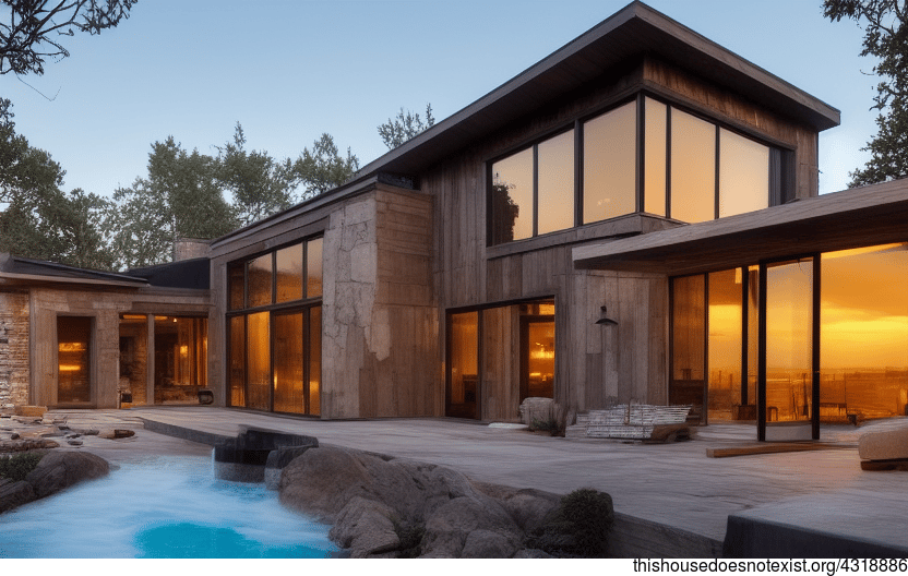 A modern architecture home with an exterior of stone, glass, and wood, designed to be enjoyed at sunset with a steaming hot jacuzzi outside