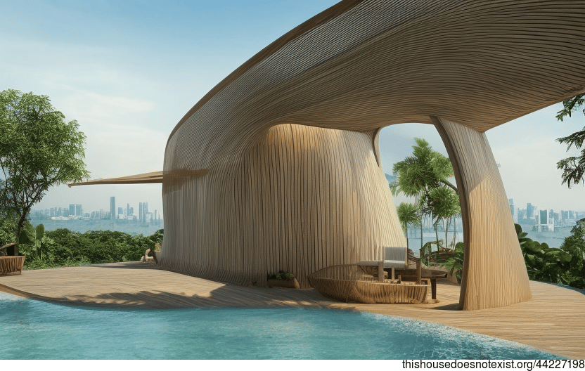 Eco-friendly house made of Bejuca wood and bamboo in Bangkok, Thailand with a view of the beach in the background
